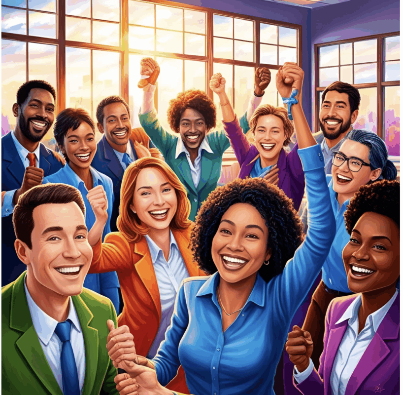 a group of people celebrating in an office